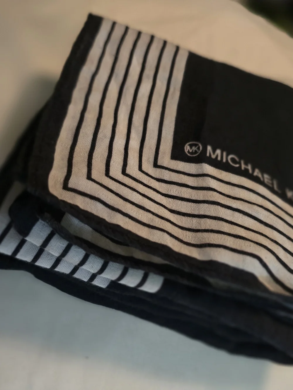 Michael Kors Black and White Striped Logo Scarf